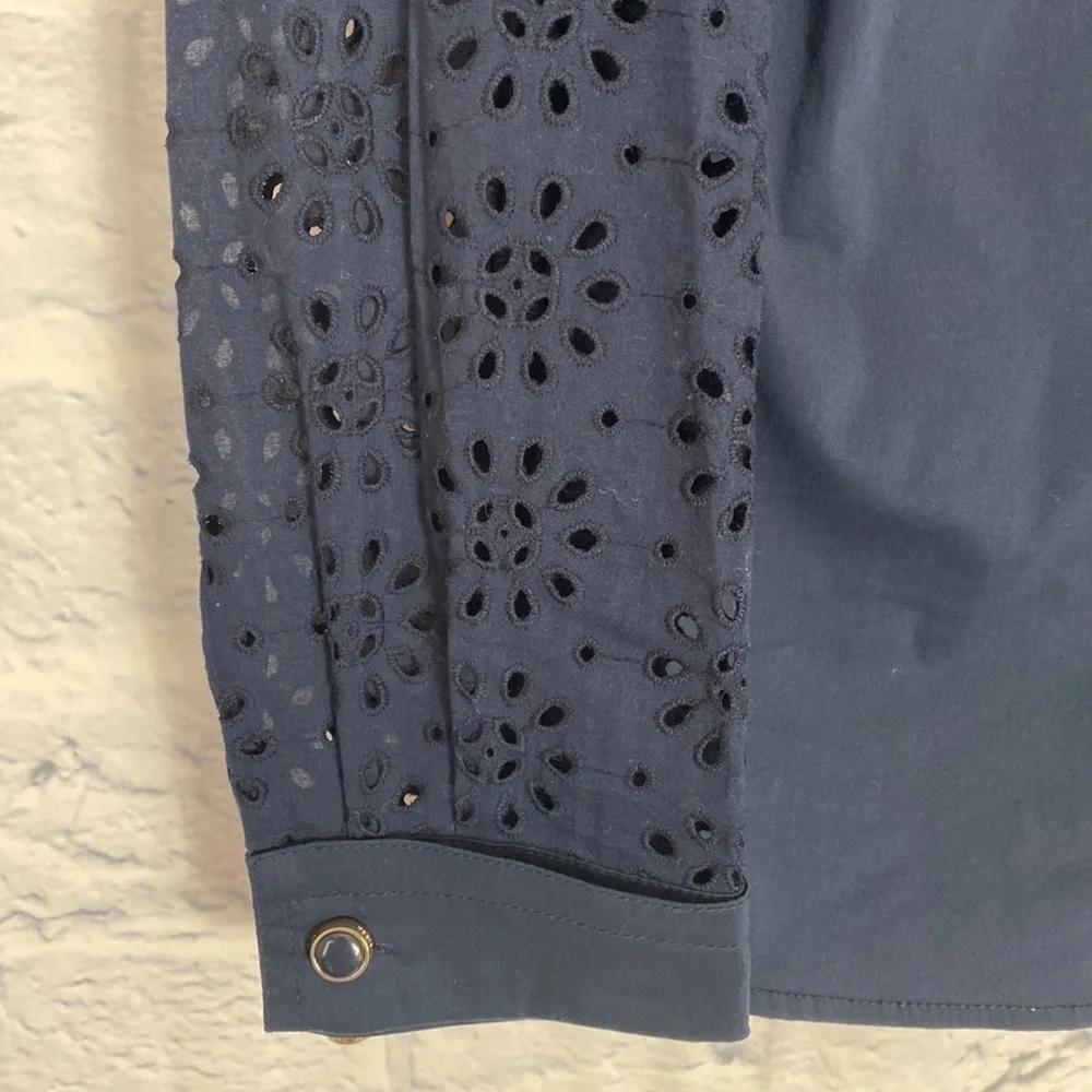 Tory Burch navy blue Liam eyelet sleeve button down top size 4